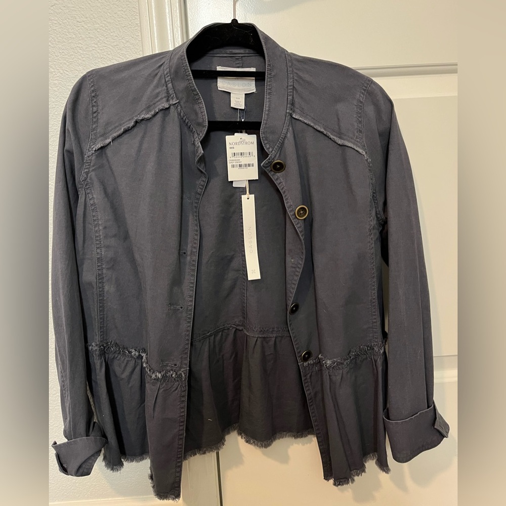 Blue Grey Frayed Button Up Jacket- XXS